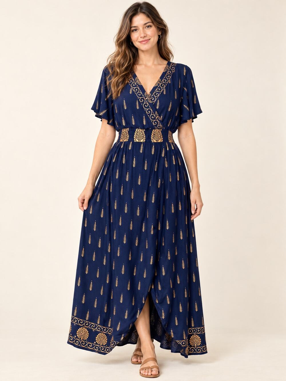 Lapogee Navy Blue & Gold Leaf Print Boho Maxi Dress Size L